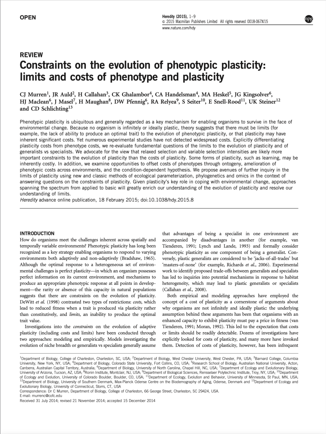 Constraints on the evolution of phenotypic plasticity limits and costs of phenotype and plasticity